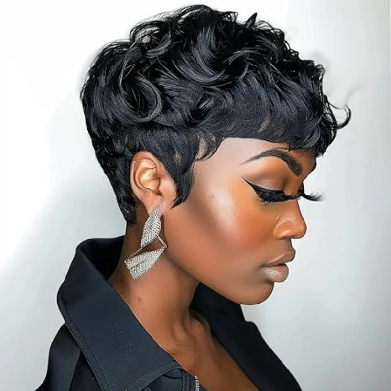 Black women's elf short wig, curly black short wig, black women's synthetic wig, natural, wavy, black elf hairstyle