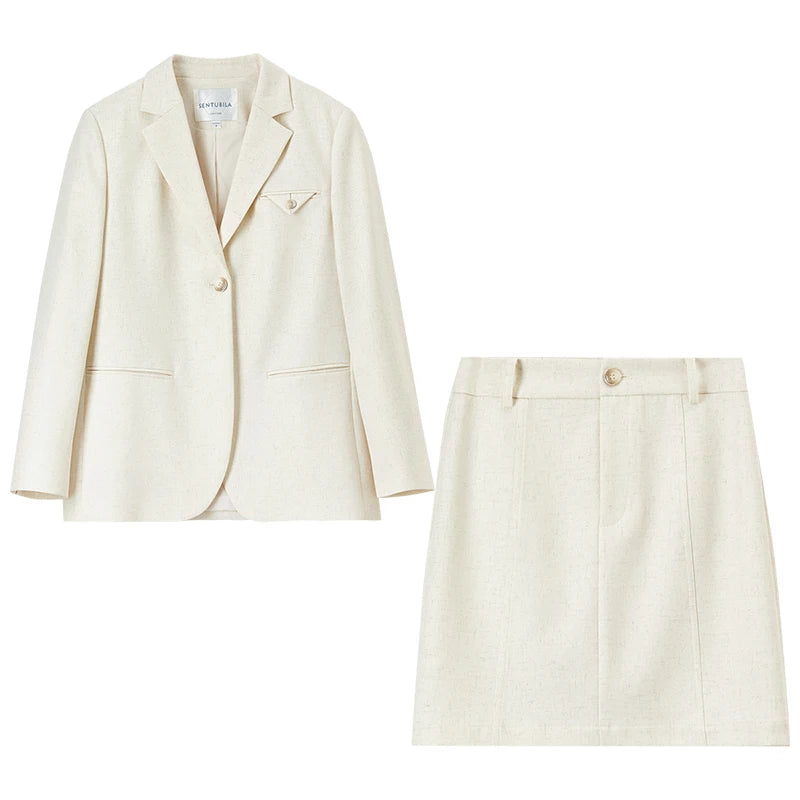 SENTUBILA Womens Skirt Suits Linen Blend Shoulder-pads Single Button  Blazer Solid Elegant Mini Skirts Two Piece Sets 151Z58181