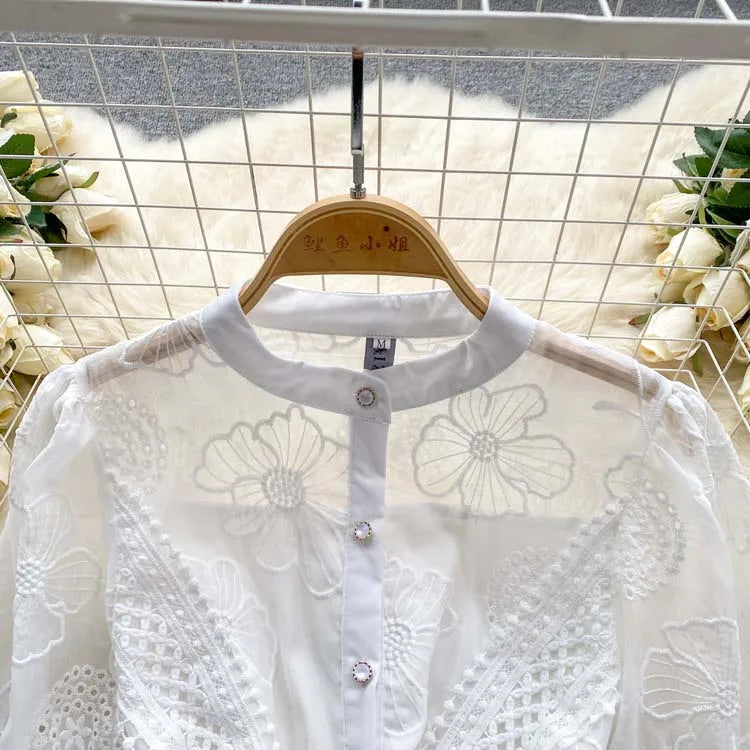 Luxury Women Lace Shirt dress White Black  New Vintage embroidery Lantern sleeve dresses with belt Sexy clothes INKEO 4D062