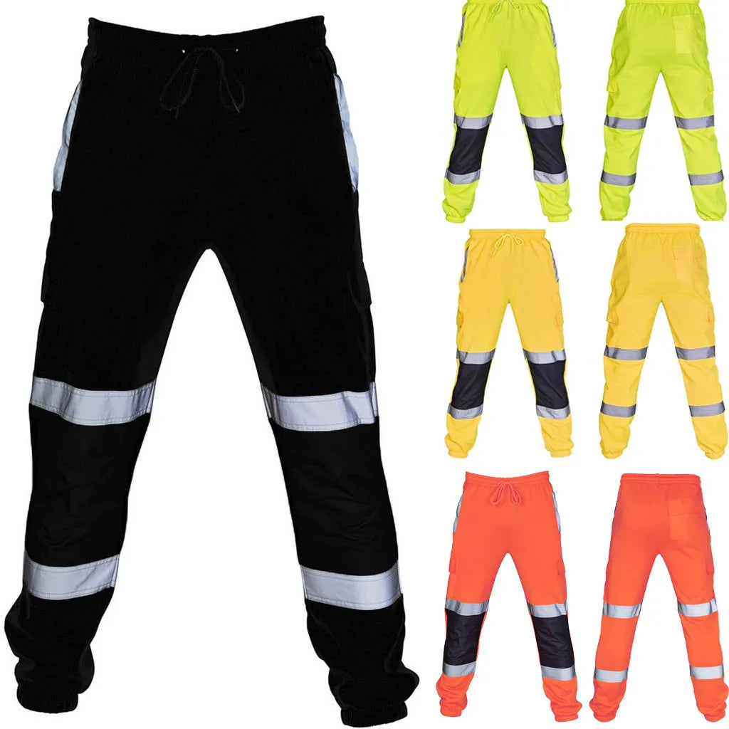 Men Road Work Pants High Visibility Overalls Casual Pocket  Work SplicingTrouser Pants