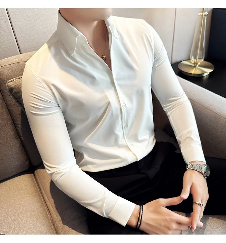 Men Dress Shirt Autumn British Style Solid Casual Slim Fit Formal Camisas V-neck Long Sleeves Shirt Streetwear Men Clothing