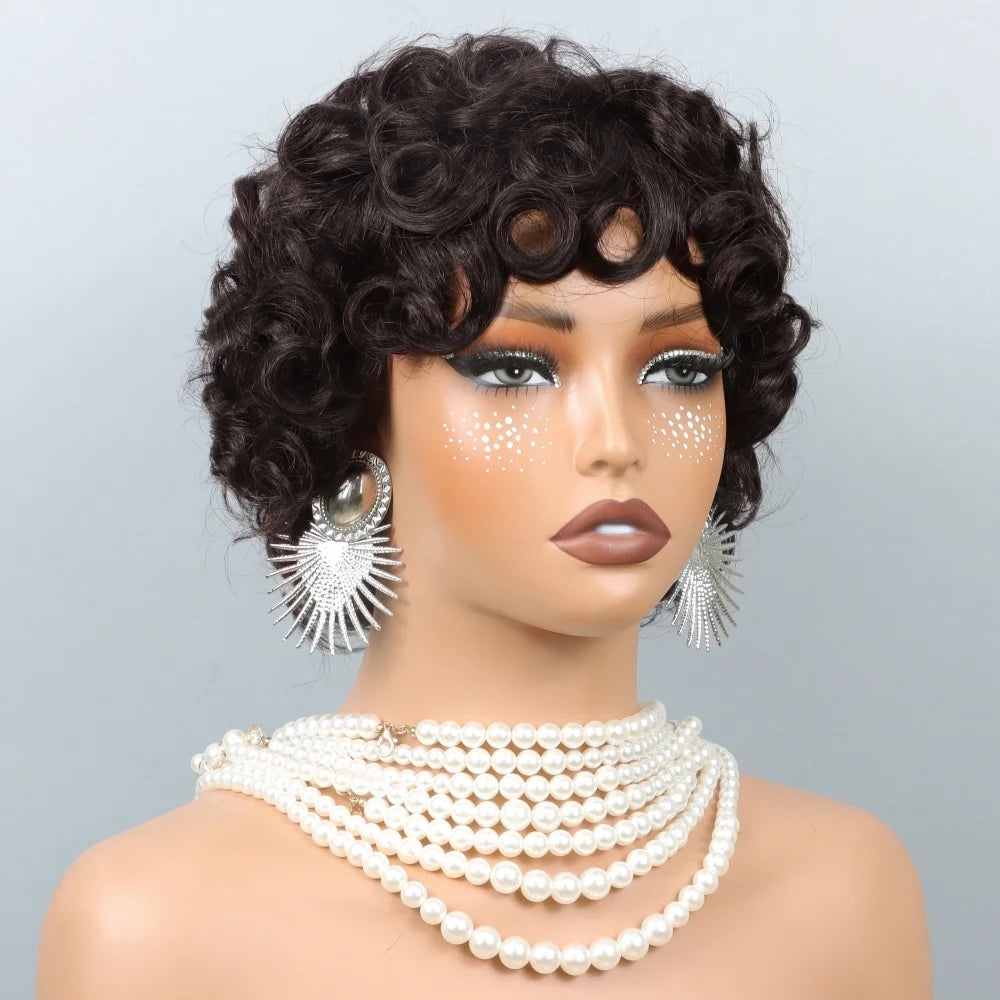 Short Layered Pixie Cut Curly Wigs With Bangs Human Hair Wigs For Black Women Short Curly Pixie Cut Wig Human Hair Machine Made