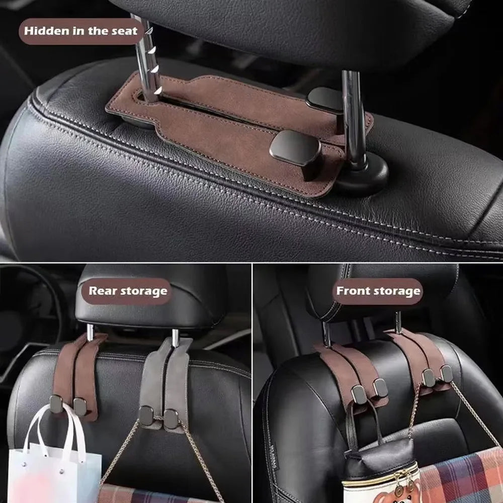 Quality 2 in 1 Car Headrest Hook Premium Suede Rear Seat Hanging Dual Hook 20KG Large Load-Bearing Alloy Hook Hanger Universal
