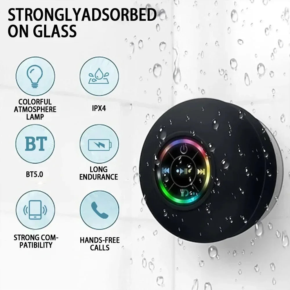Portable Bluetooth Speaker IPX4 Waterproof With LED Lights Large Suction Cup For Bathroom Outdoor Wall Mount Wireless Music