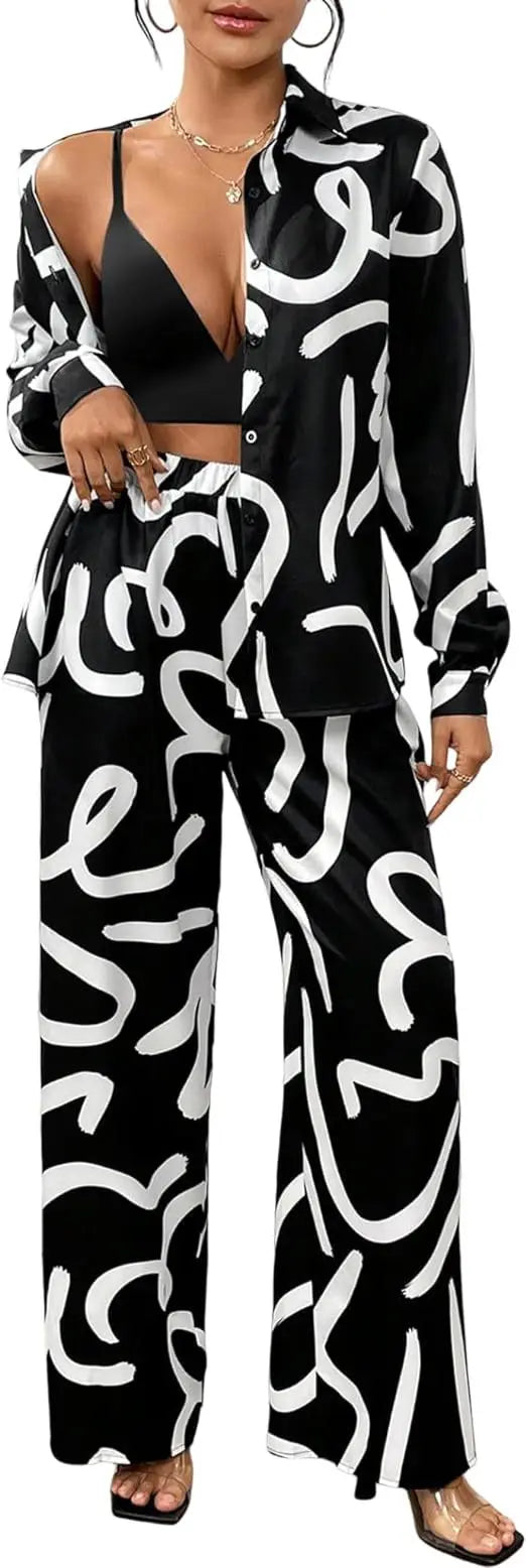 Women Clothing  Autumn New Fashion Print Set Casual Button Collar Shirt Long Sleeved Wide Leg Pants Long Pants Two-piece Set