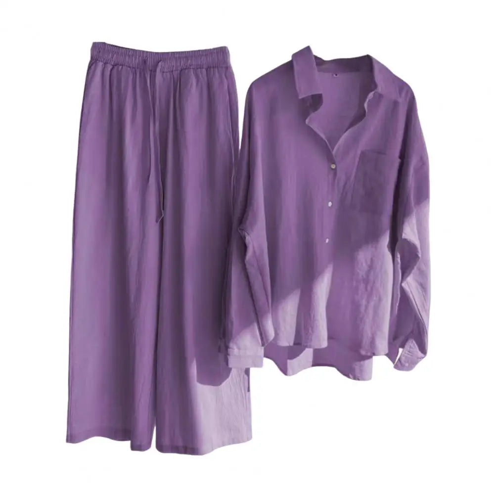 2 Pcs/Set Women Tops Pants Set Blouse Trousers Suit Skin-touch Long Sleeves Cardigan Solid Color Wide Leg Daily Clothes