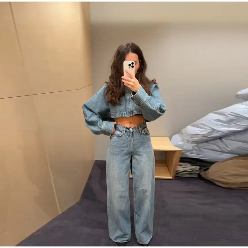 Women Denim Short Tops Pants 2 Piece Sets Lapel Baggy Long Sleeves Coats Straight Wide Leg Loose Jeans Suits 2025 Summer Outfits