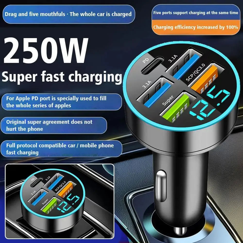 Cargador de coche PD de 250 W, carga rápida QC3.0, encendedor de cigarrillos de coche de uno a seis, cargador de coche de 5 puertos con carga rápida y pantalla digital