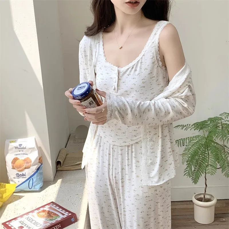 Three-Piece Pajama Set for Women Floral Lace Sweet Cardigan Camisole Homewear Long Sleeves Long Pants Fancy Underwear Ladies