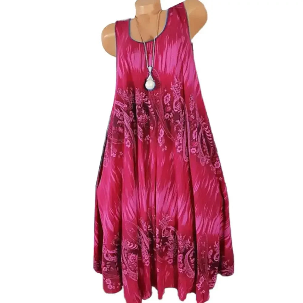 Hot Sales Women Skirt Summer Floral Print Round Neck Sleeveless Loose Pleated Plus Tank Dress for Female