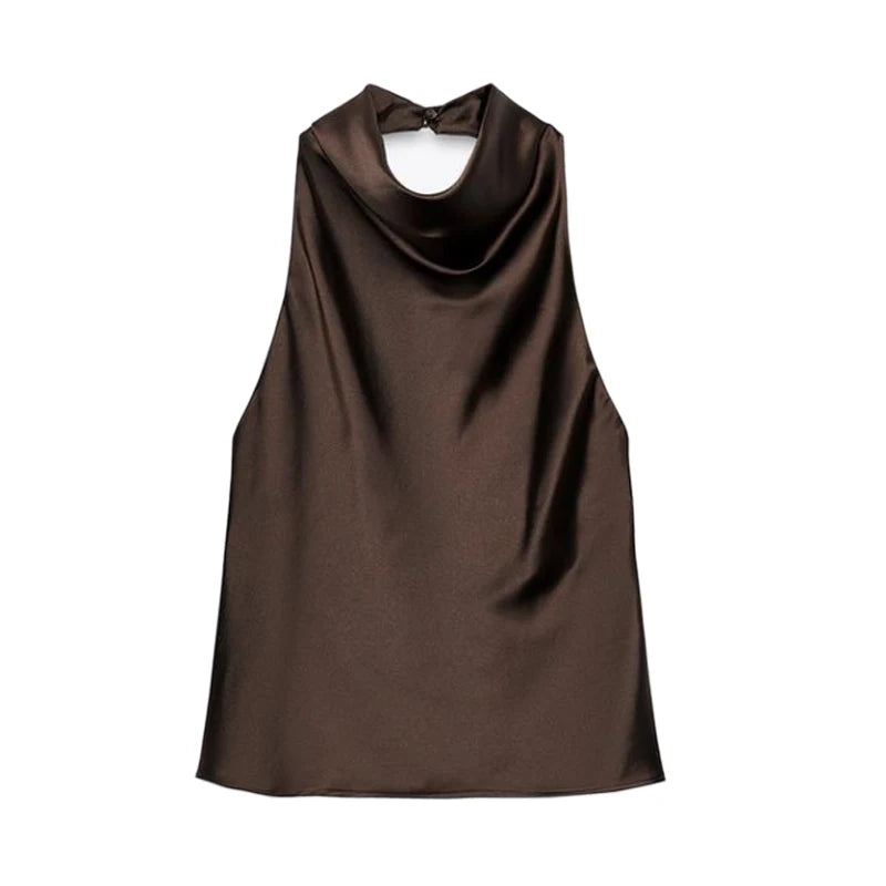 MUJER Halter Tops for Women Black Satin Backless Top Female Pink Summer Beach Top Woman off Shoulder Camisole Top Women