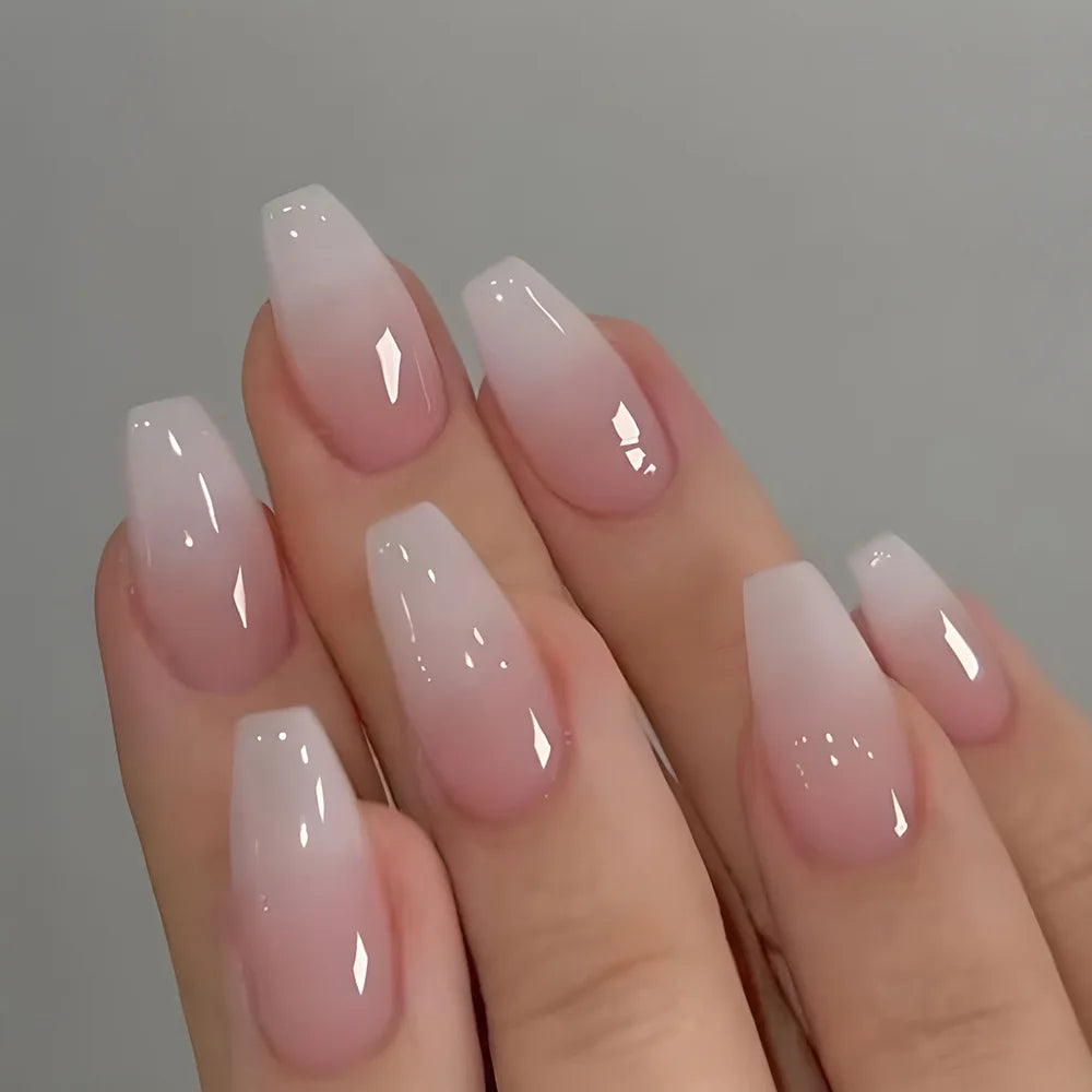 24Pcs Simple Fake Nail with Broken Diamond Short Square Press on False Nails Gradient White Wearable Ballet Full Cover Nail Tip