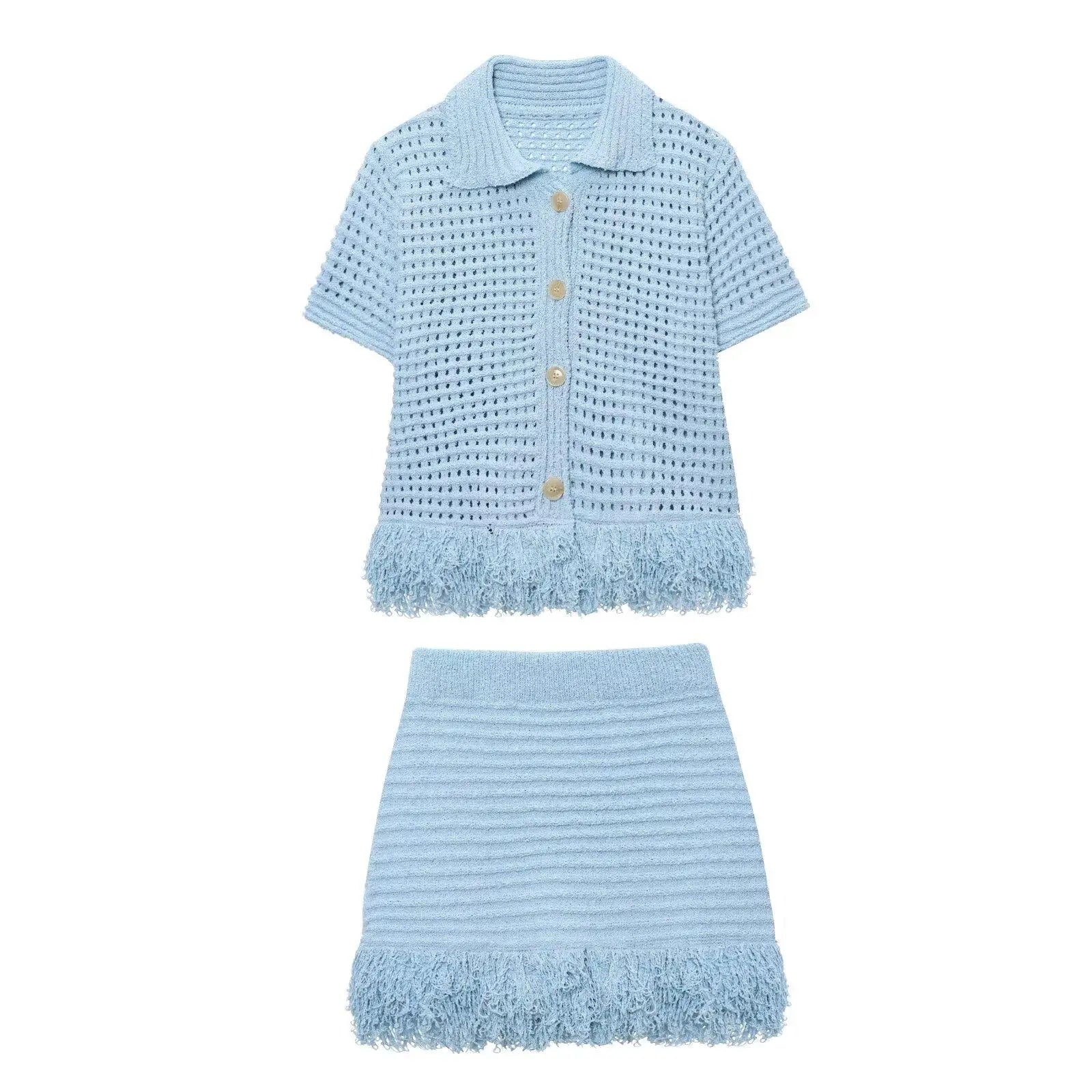 HipSeam Fringed Check Knit Skrts Sets Short Sleeved Lapel Button Tops Sexy Hip High Waist Skirts 2 Piece Set Women's Outfits