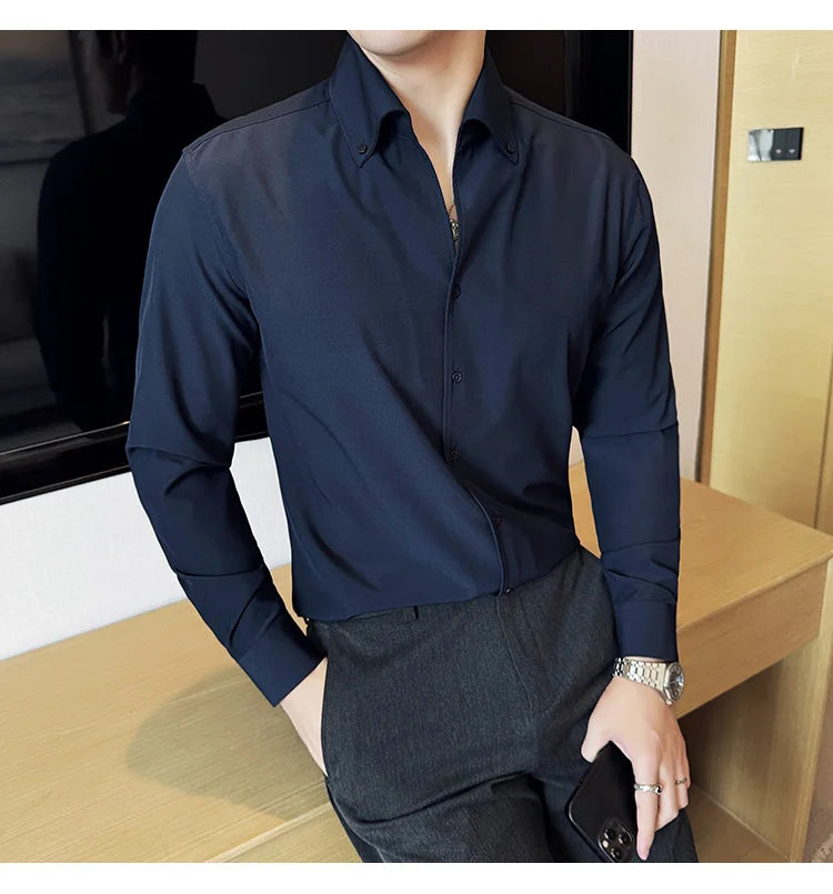 Men Dress Shirt Autumn British Style Solid Casual Slim Fit Formal Camisas V-neck Long Sleeves Shirt Streetwear Men Clothing