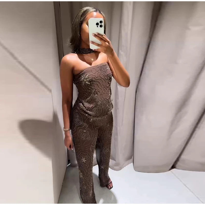 Chic Beaded Women's Top Pant Set Sexy Slim Halter Sleeveless Crop Tops See Through Elastic Waist Wide Leg Pants Summer Outfits