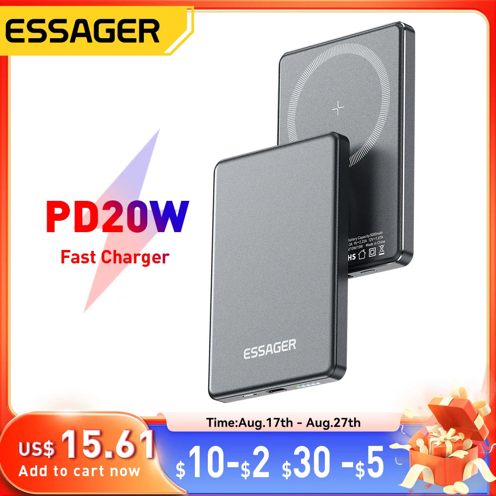 Essager Thin Wireless Power Bank Magnetic 20W 5000mAh Portable Fast Charging External Battery for Magsafe For iPhone 16 15 14 13