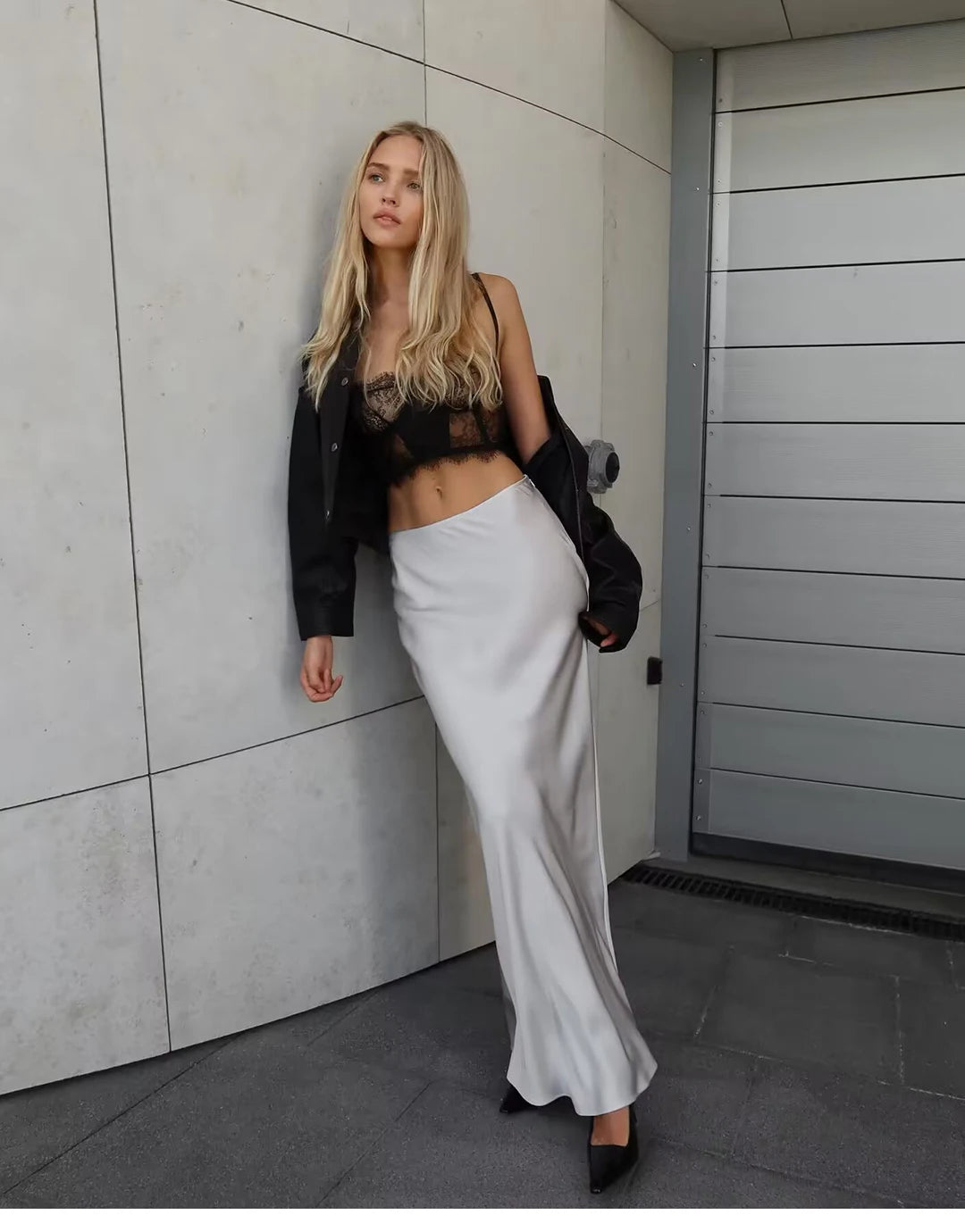Elegant Satin Midi Slip Skirt with Side Zipper – Smooth & Flowing Fit for Versatile Styling