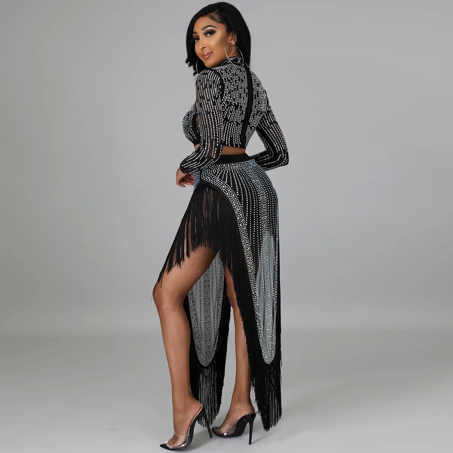 Skirt Set Women Two Piece Sets Dress Sets Mock Neck Matching Set Diamond Short Tops Party High Waist Long Skirts Sexy Hot Tassel