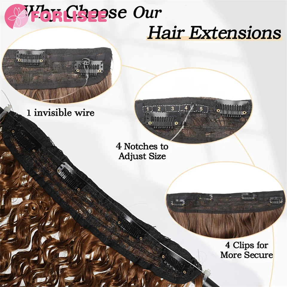 Invisible Wire Hair Extensions with 4 Clips Long Synthetic Wavy Curly Hair Pieces Adjustable Transparent Headband for Women 40cm
