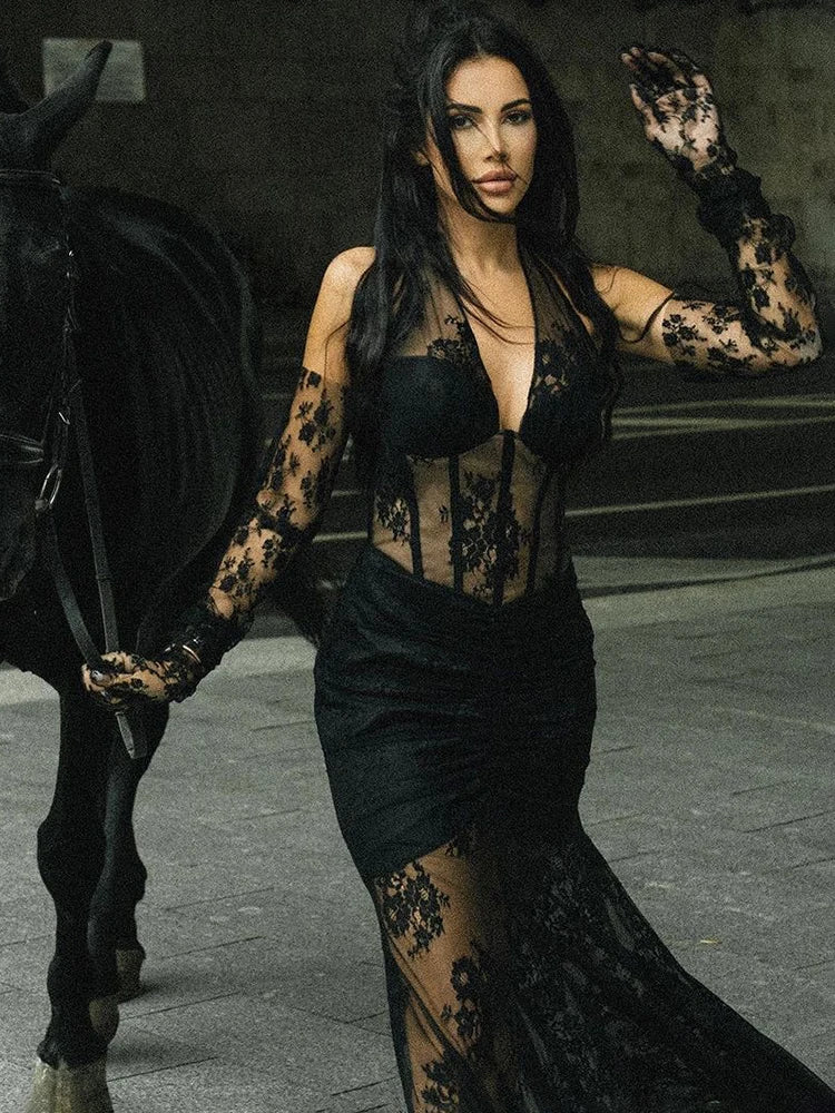 VC Fashion Party Dresses For Women Sexy Lace Halter Long Sleeves Gloves Design Maxi Gowns Vestidos