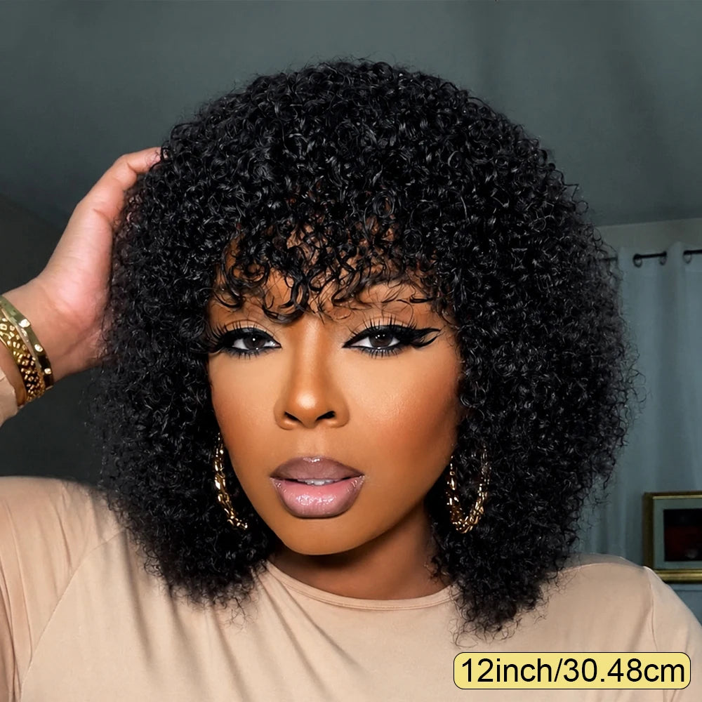 Short Jet Short Black Fluffy Kinky Afro Curly Virgin Human Hair Bob Wig with Full Bangs, Thick Tight Spring Small Curly Real Hair Bob Wig,Full Machine Made for Daily Wedding Club Cosplay Photoshoot