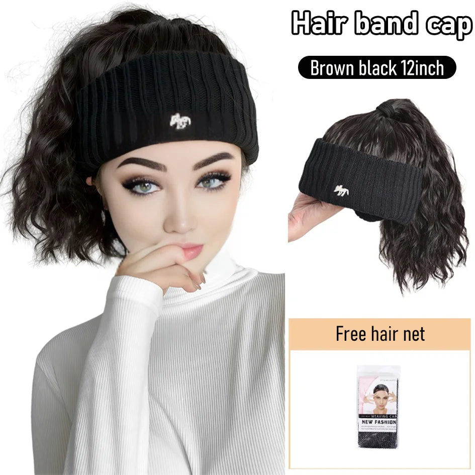 Gorro de punto de 12 pulgadas negro sintético con parte superior hueca, extensiones de peluca de cola de caballo con ondas de agua, logotipo bordado, invierno cálido, Navidad