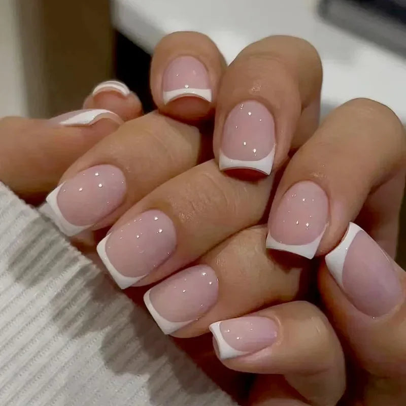 24 Square Short Fake Nails French Nail Art Pieces White Fine Square Nails Wearable Nails Transparent Pink Classic Nails