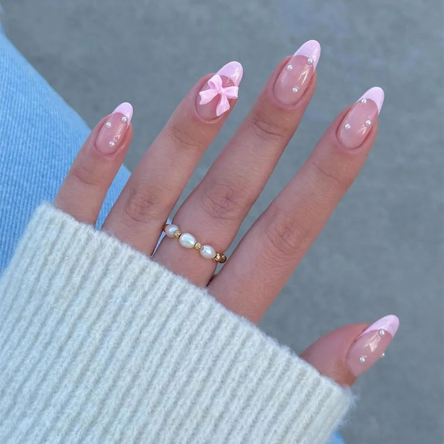 24pcs White French Fake Nails with Glue Simple Pink Press on Nails Short Oval Shape Reusable Acrylic Full Cover Nails Tips