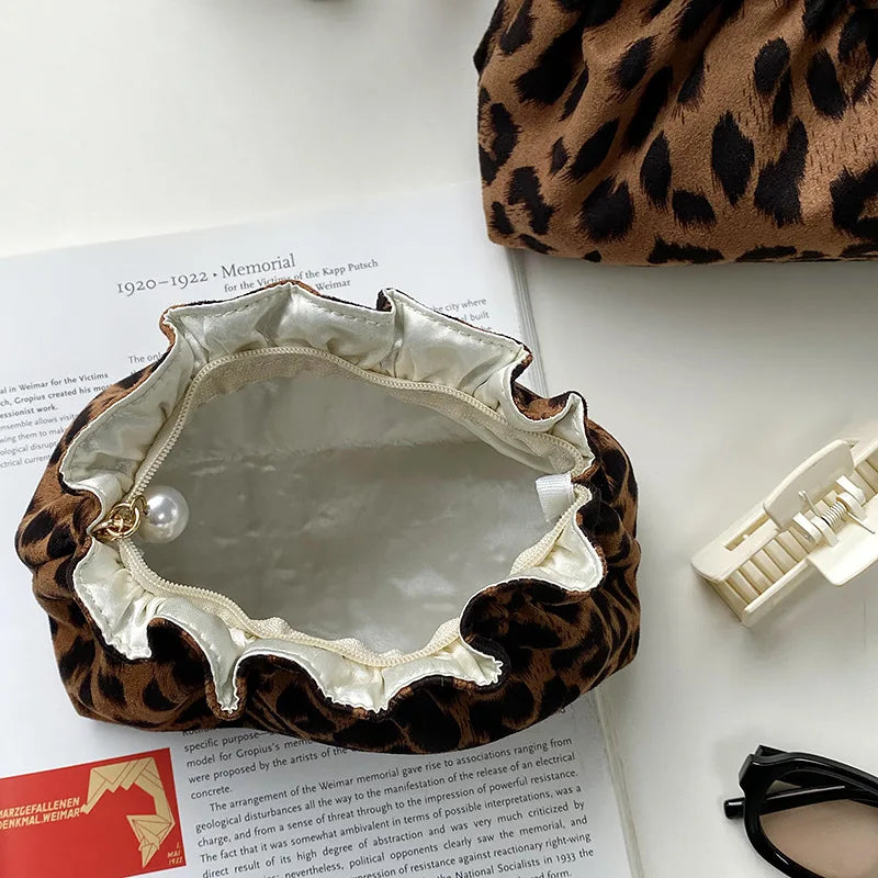 Bolso de Maquillaje de Perlas con Cremallera para Mujer, Neceser de Viaje de Gran Capacidad, Bolsas de Maquillaje con Estampado de Leopardo para Damas, Regalo