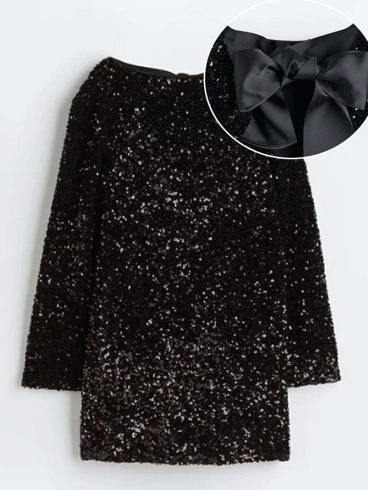 Fashion Shining Sequin Mini Dresses Women Long Sleeve Bowknot Chic Short Robe Female Elegant Holiday Evening Party Look Vestidos