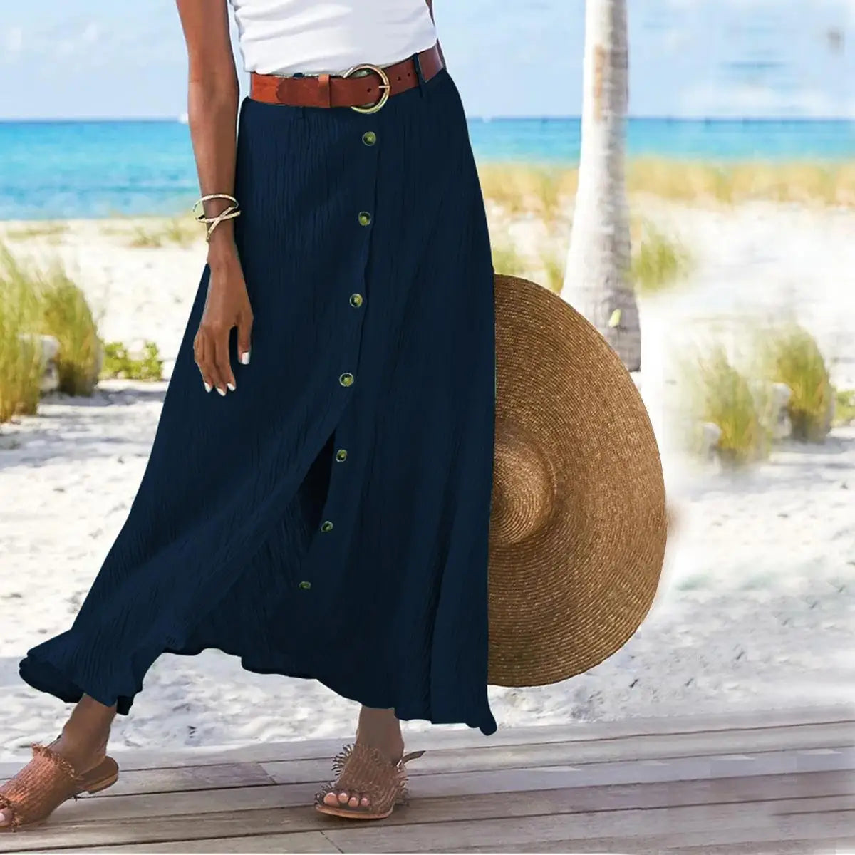 Women Skirt Spring Summer New Fashion Casual Cotton And Linen Solid Color Buttons Skirt Split A- Line Hip Waist Long Skirt