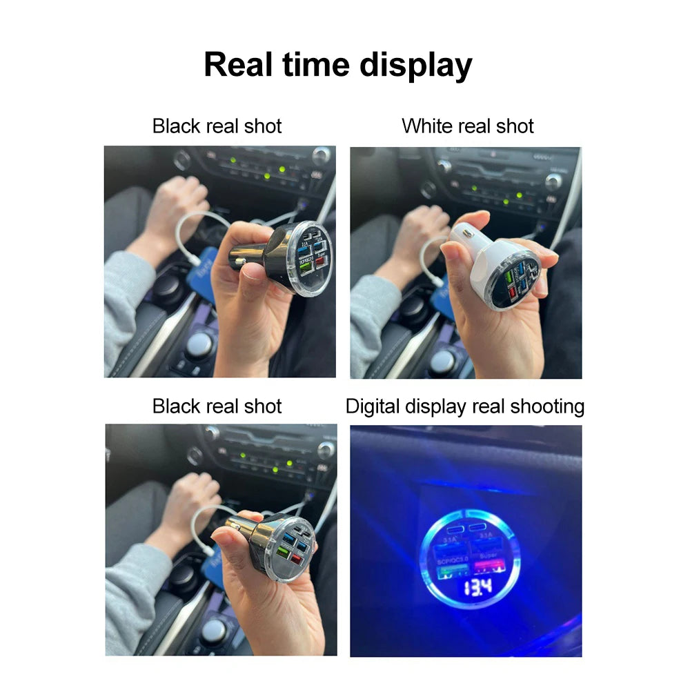 Cargador de coche PD de 250 W, carga rápida QC3.0, seis enchufes para encendedor de cigarrillos, cargador de coche de carga rápida con pantalla digital