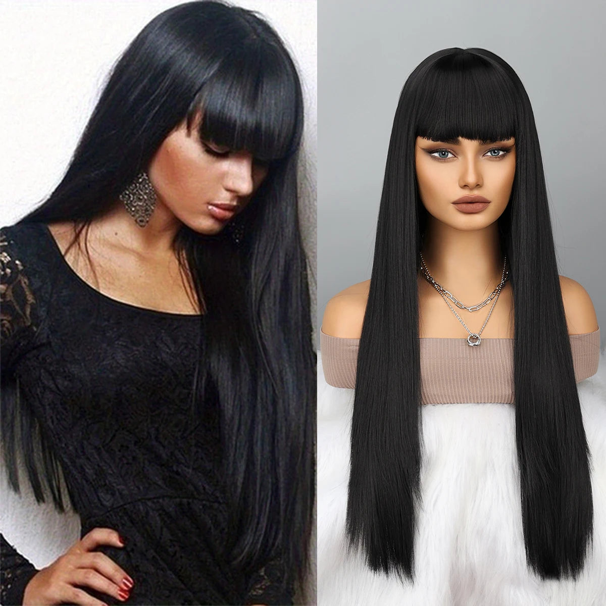 Long Straight Remy Hair Wigs Natural Black Heat Resistant Fiber Hair Full Machine Wig with Bangs Cosplay Party Wig For Fashion