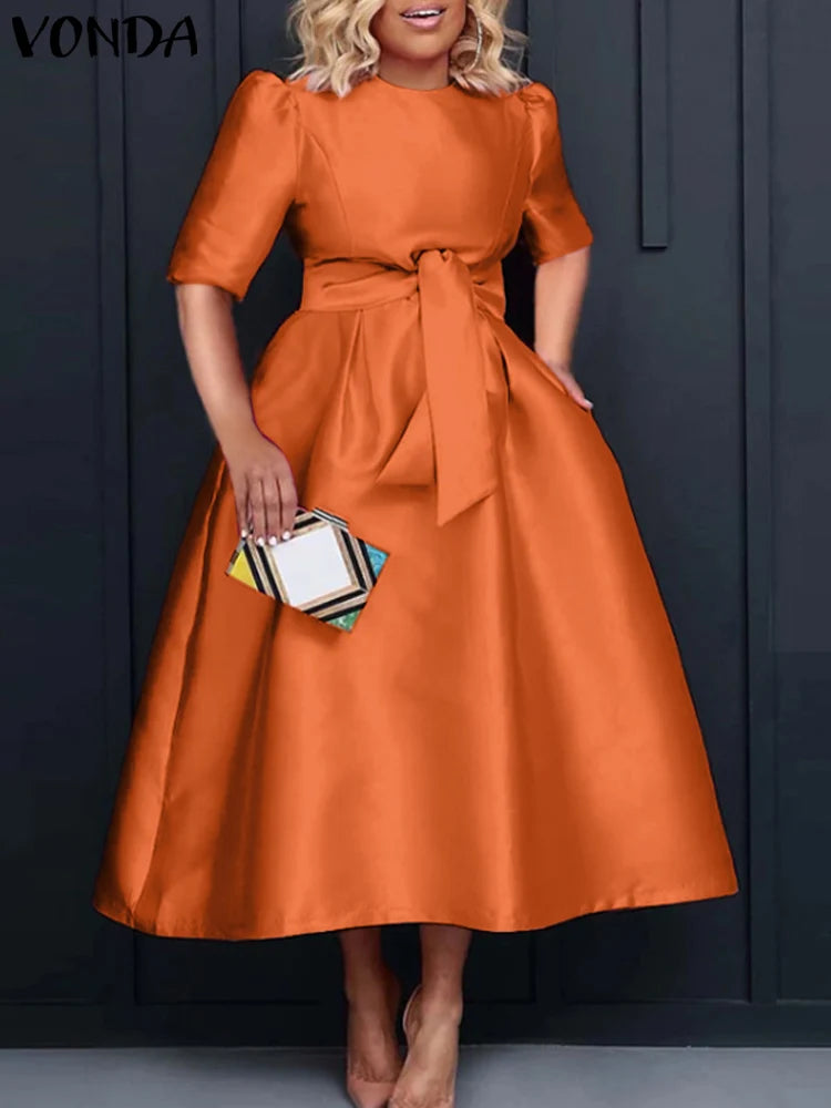 VONDA Elegant Women Satin Short Sleeve Midi Dress Summer Vestidos Casual Belted Loose Solid Color Long Sundress Oversized
