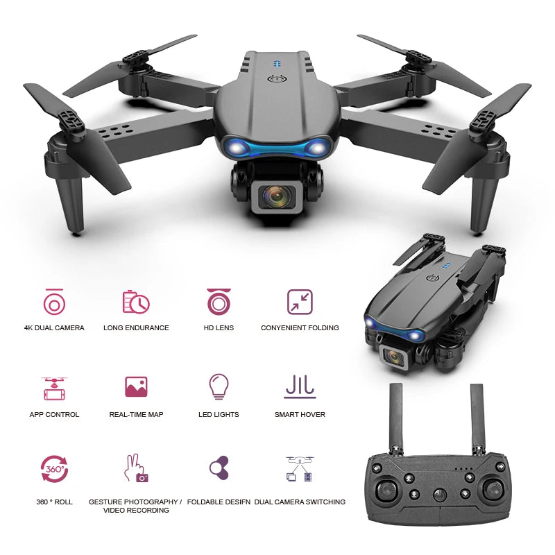 E99 PRO Drone Skjermkontroll Luftdrone Høydefinisjon Dobbeltkamera Fjernstyrt Fly, Sammenleggbar Quadcopter Barnegave