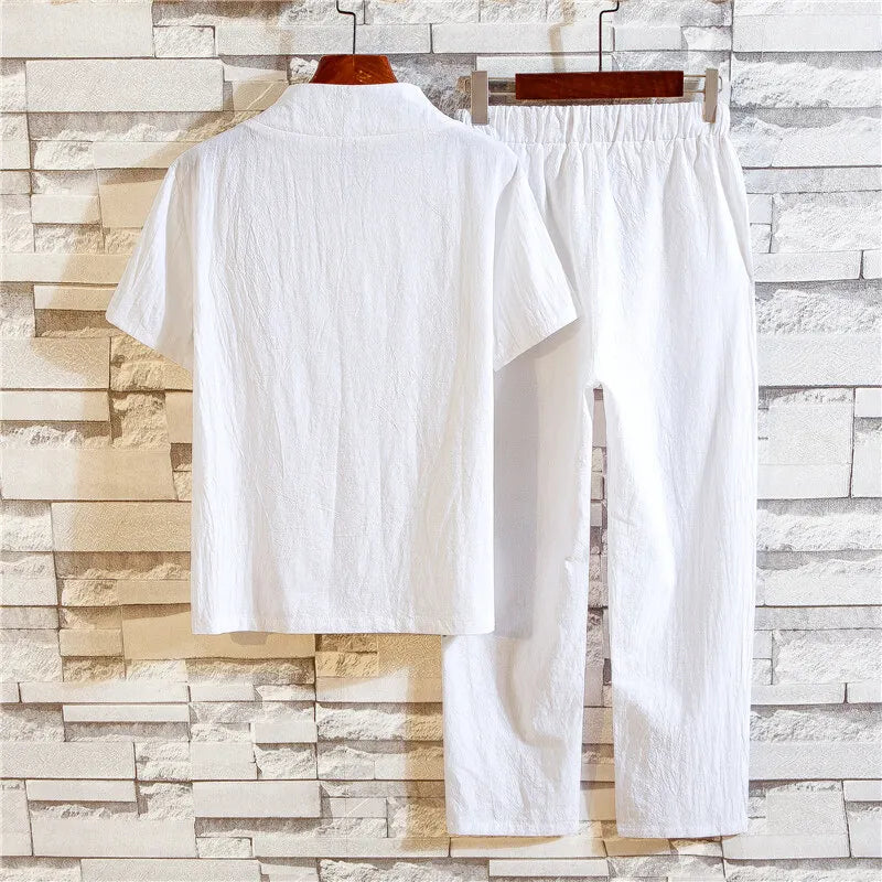 men's casual shirts (Shirt + trousers) summer men shirt Man Cotton and linen shirts Short sleeve men A set of clothes M-5XL