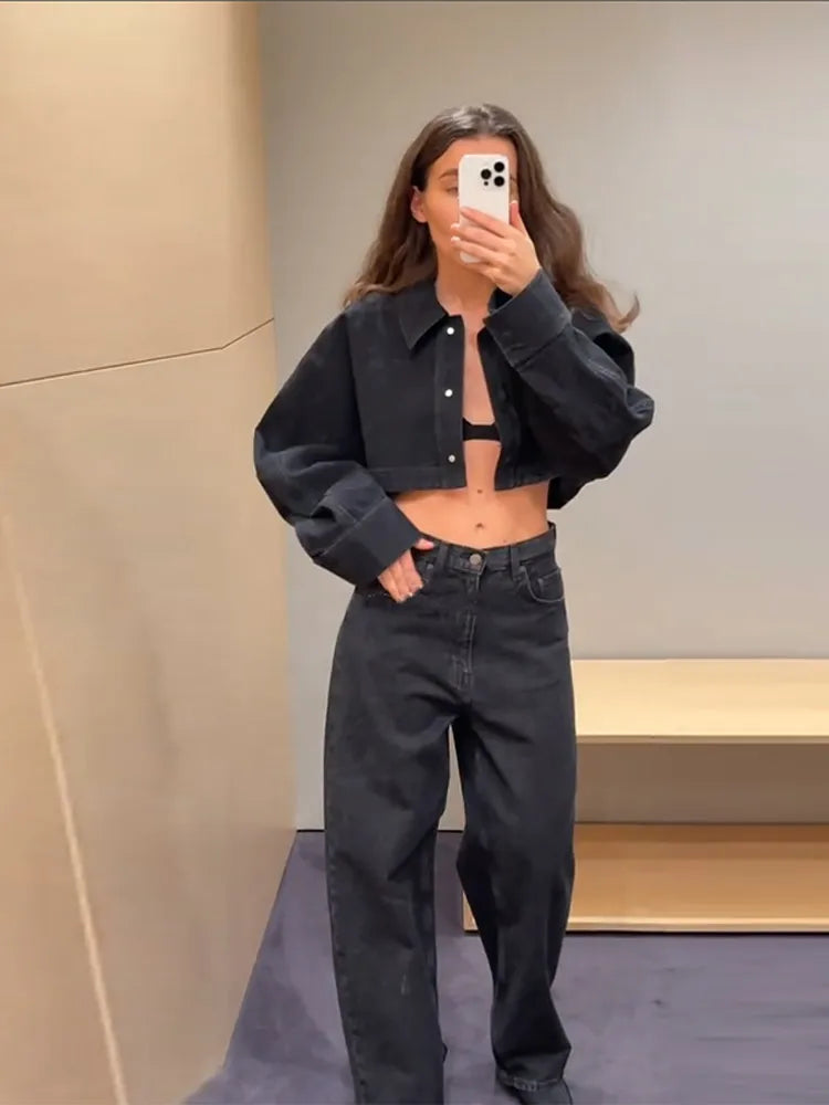 Women Denim Short Tops Pants 2 Piece Sets Lapel Baggy Long Sleeves Coats Straight Wide Leg Loose Jeans Suits 2025 Summer Outfits
