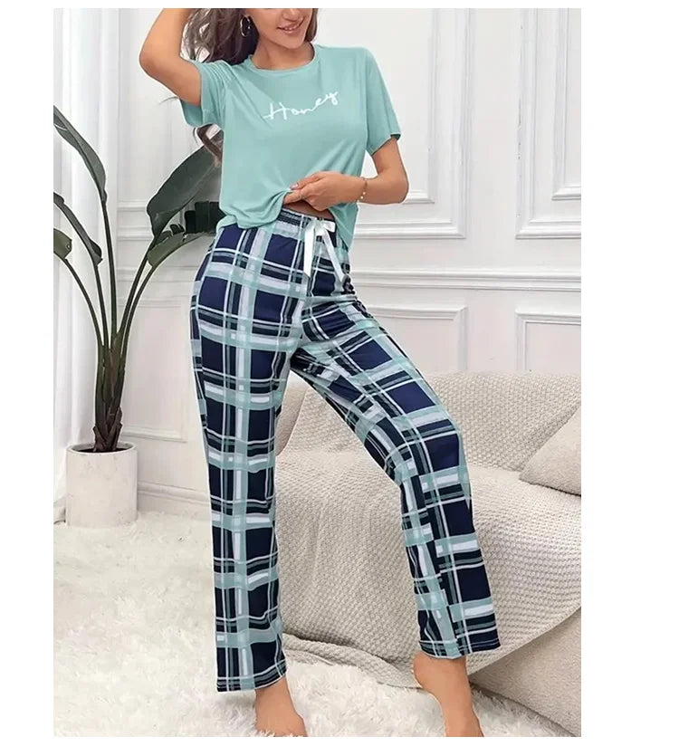 Women's Pajamas Set Soft Comfortable Letter Print T-Shirt & Plaid Long Pants Sleepwear 2 Pieces Home Clothes Loungewear Pyjama