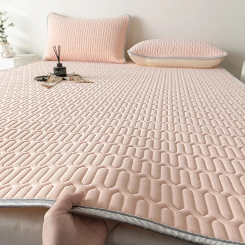 Cooling Bed Sheet Set with Pillowcases Ice Silk & Latex Quilted Breathable Cover Solid Summer Bedding Comfort & Heat Resistance