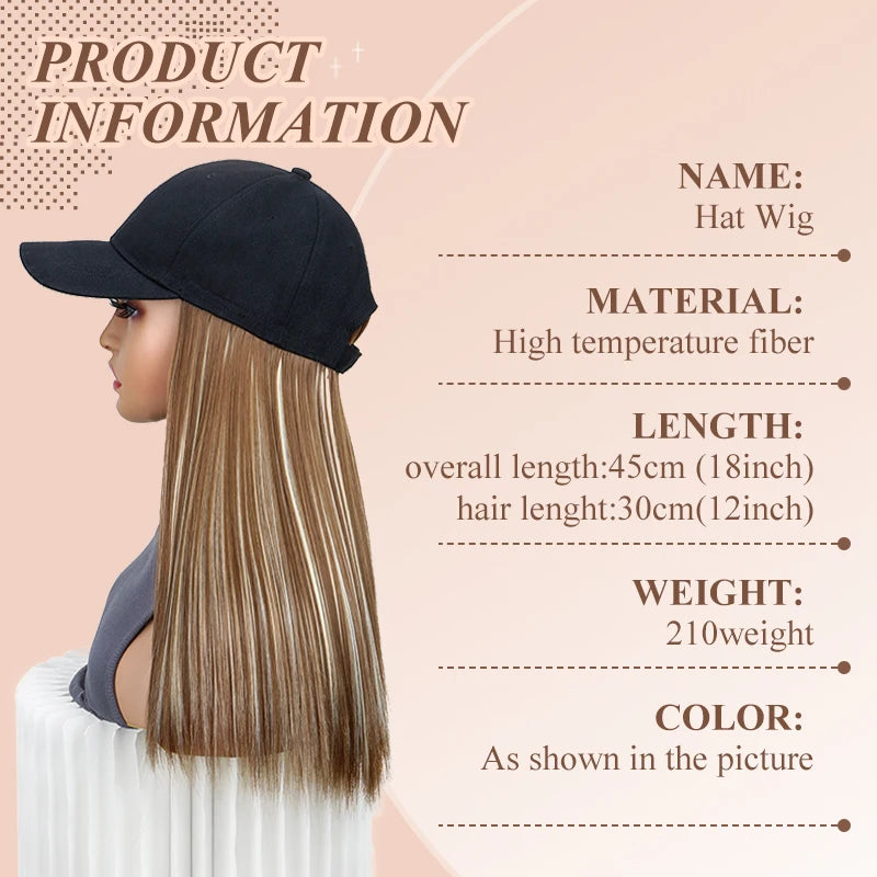 Gorro Sintético con Peluca de Pelo Largo, Liso y Negro, Extensión de Pelo con Gorra de Béisbol, Diseño Todo en Uno Elegante y Conveniente para Mujeres