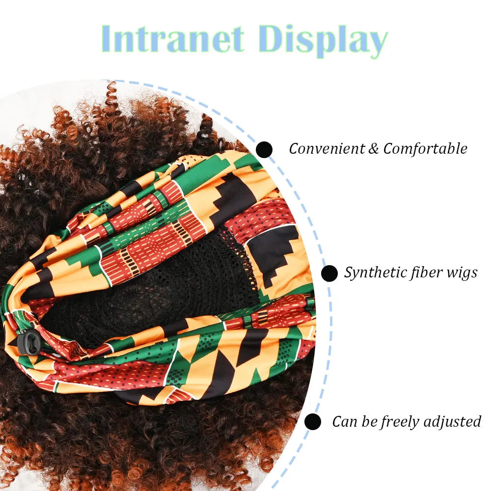 Peluca sintética rizada afro corta con diadema para mujer, peluca rizada con flequillo de color marrón ombré con pañuelo estampado sin pegamento y sin encaje.