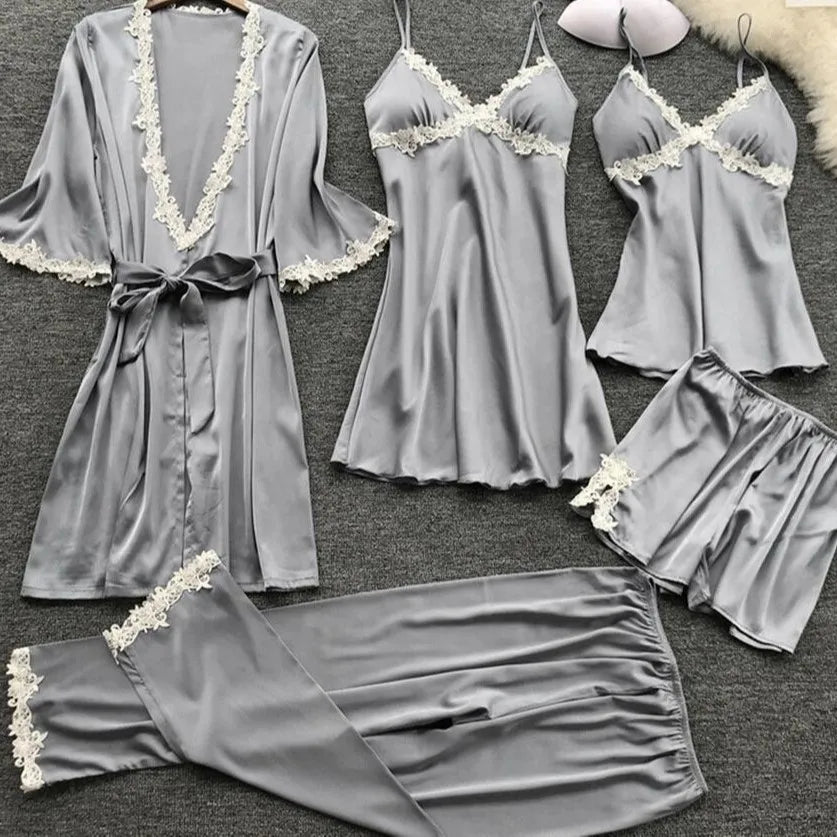 Pajamas Five Piece Set Sexy Lace Trim Nightgown Nightwear Spring Summer Women Bath Robe Loose Satin Home Wear Pijamas Suit