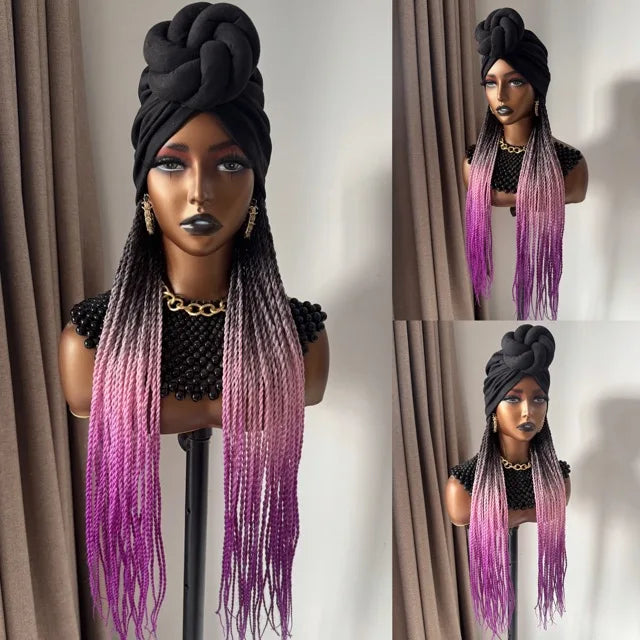 WIGERA Long 24Inch Ombre Fantasy Senegalese Twist Braided Synthetic Wig With Headband Turban Modular Design For Black Women
