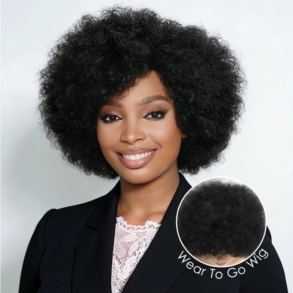 Afro Wig For Women Short Afro Kinky Curly Bob Glueless Wigs Human Hair Natural Looking 12 Inch Afro Wigs With Bangs Short Bouncy