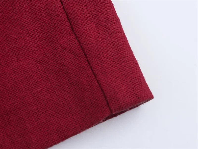 Women's New Dress Summer Red Linen Blend Pleated Midi Dress Irregular Collar Design Sexy Fashion Sense of Luxury