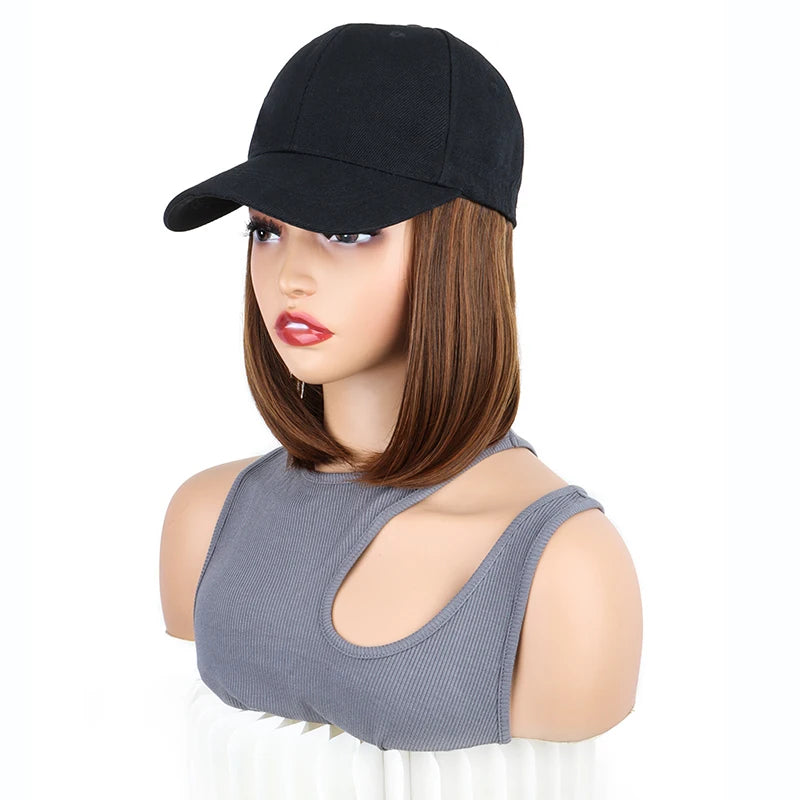 12Inch Synthetic Baseball Cap Hair Extensions Short Straight Bob Adjustable Hat Wig Easy Wear for Daily Party Women