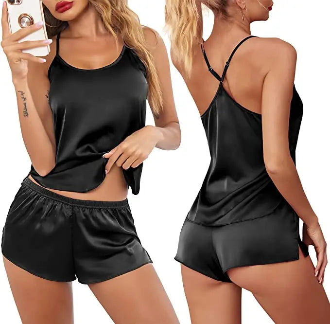 Conjuntos de pijama de satén y encaje sexy para mujer, ropa de dormir, tops sin mangas + pantalones cortos, conjuntos de 2 piezas de pijama para mujer