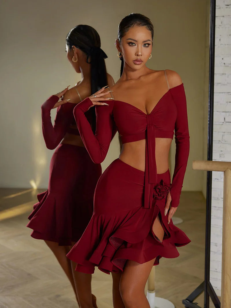 Sexy Off Shoulder Latin Top Ruffled Skirts Latin Dance Costume Stage Performance Clothes Samba Tango Dance Wear Set for Women