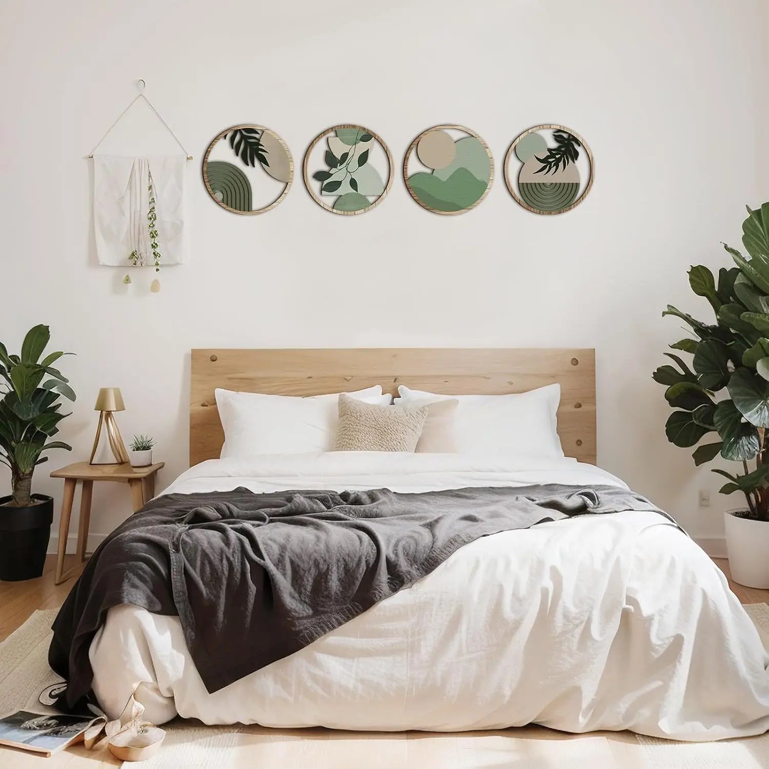 Juego de 4 cuadros bohemios para pared - Decoración bohemia de madera, obras de arte geométricas colgantes, adecuados para habitación de bebé, estética minimalista rústica