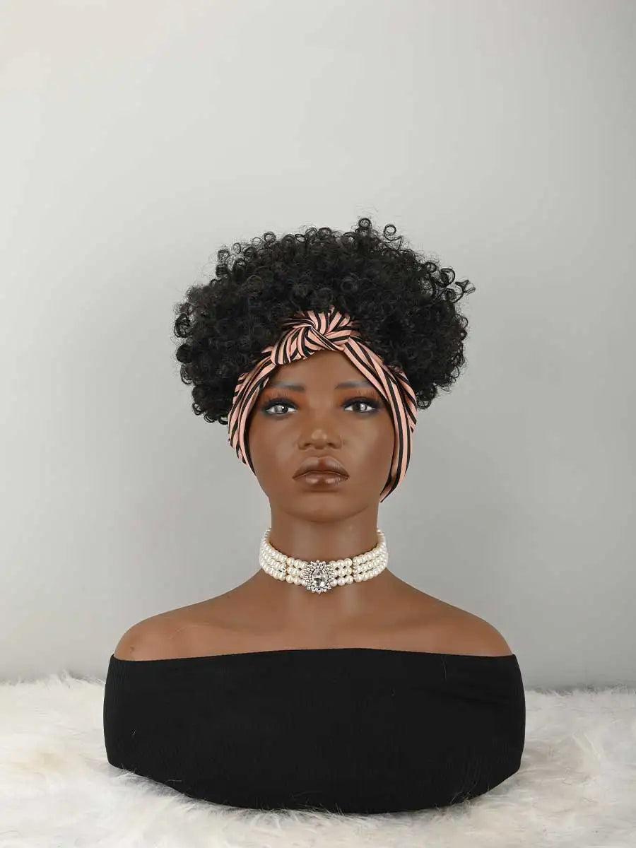 Headband Wig Curly Headband Wig With Bangs For Women Synthetic Afro Curly Hair Wig With Headband Attached Short Kinky Curly Afro High Puff With Bangs Stripes Short Red Curly Wigs with Bangs for Women, Natural Wavy Synthetic W